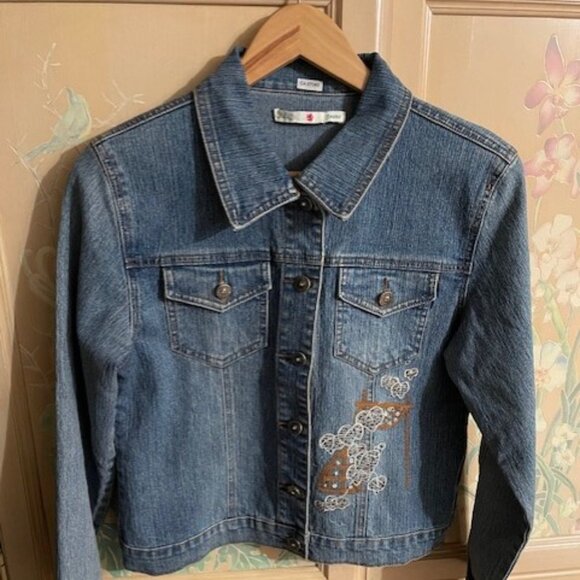 Adolfo Jeans Denim Jacket with Crystal & Rhinestones Embellishments Fits S to M - Picture 2 of 6